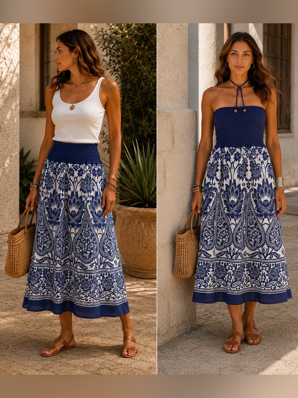 Blucrush Convertible Tube Dress / Maxi Skirt Boho Resort Cotton Midi Dress
